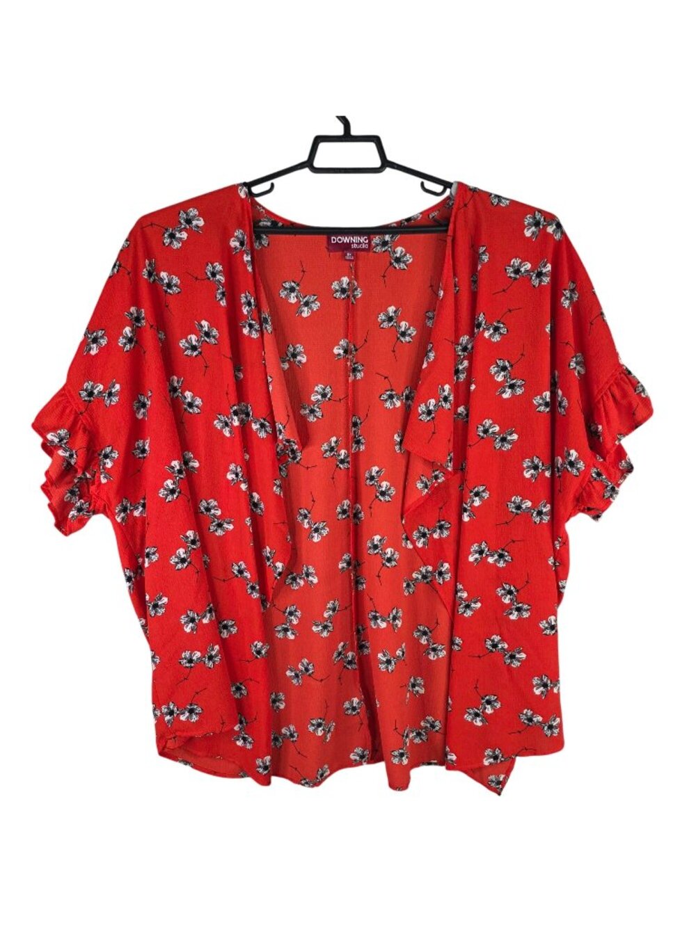 Womens Downing Studio Red Floral Open-Front Cardigan Ruffle Sleeve Size 3X